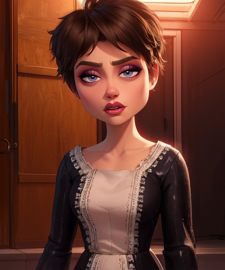 Evelyn,short brown hair,makeup,eyes half open,upper body,looking at viewer,black dress with white line,long sleeves,collarbone,dress skirt,
(insanely detailed, beautiful detailed face, masterpiece, best quality) cinematic lighting,<lora:Evelyn:0.8>,