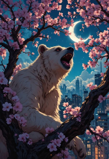 A full-body side portrait in an anime studio style that captures a pristine grizzly bear in mid-yawn facing the viewer. The bear, rendered in exquisite detail with fluffy, well-textured fur, displays an wide open mouth with its outstretched tongue playfully rolled up and a hint of teeth visible, emphasizing its relaxed, carefree expression. It is perched on a sturdy branch of a flourishing sakura tree, surrounded by an abundance of delicate cherry blossoms that drift gently around it. In the background, a vibrant cityscape at night unfolds, its twinkling lights contrasting with a deep, starry sky. A shimmering crescent silver moon hangs low, casting a soft, ethereal glow over the scene. Volumetric lighting streams through the blossoms and around the bear’s profile, adding cinematic depth and dramatic highlights. The overall composition blends the natural charm of the blooming tree with the urban nighttime allure, creating a masterpiece that is both atmospheric and playful.
in the style of cksc, DB4RZ, aidmafluxpro1.1, Anime art