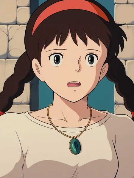 score_9, score_8_up, score_7_up, score_6_up, score_5_up,
1girl, solo, braid, pendant, twin_braids, jewelry, brown_hair, hairband, necklace, black_eyes, parody, anime_coloring, open_mouth, upper_body, long_hair, glowing, wall, official_style, retro_artstyle, red_hairband, style_parody, twintails
 <lora:Castle_in_the_Sky_SD8:1>