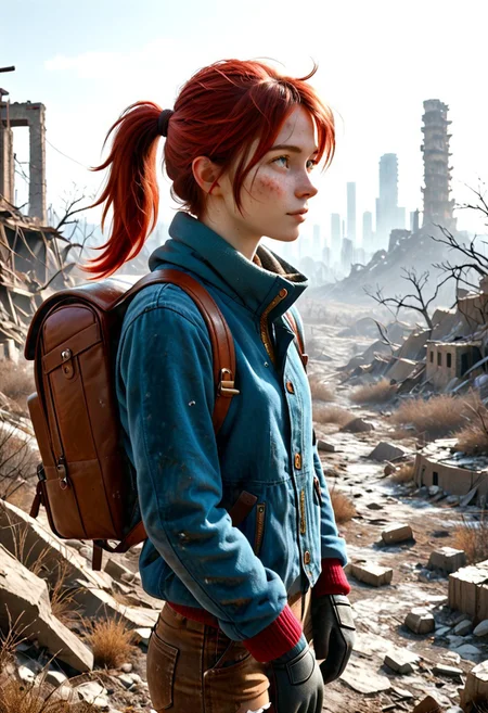1girl, Masterpiece, 8k, ultra high detail, score_7 up, 
volumetric lighting, vivid colors, vibrant colors,  score_8_up, score_9,  small breast size, sporty red ponytail hair,  fcNeg, stunning green eyes, freckles, white skin, small nose, innocent beauty, slim face,  cute face, skinny body, perfect body, extreme detailed body, intence green eyes,  perfect face, ultra high detailed face, perfect eyes, petite, 
Cold, red dust everywhere, Wandering through ruins, 
Wasteland Tribal_Leather_Parka, fur lined, mittens, hood over head,  wasteland clothes, torn and used clothe, 
Dirty, dirty face, dirty skin, backpack filled with stuff,
  simple_big_brown_leather_backpack_full_with_stuff, 
Post Apocalyptic, big city Wasteland, skyscraper ruins,