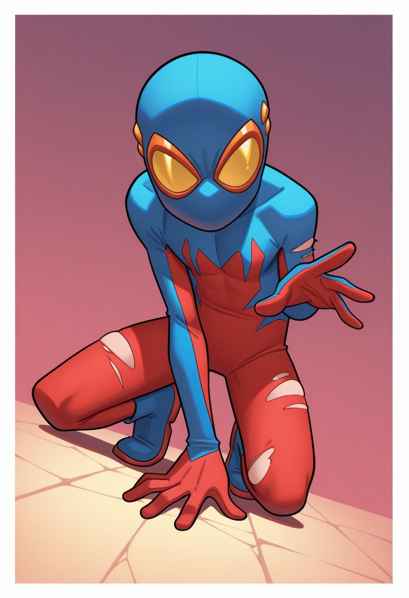 1boy, male focus, cute boy, BaileyBriggs, Mask, Spiderboy Costume, Two-tone Bodysuit, Red Bodysuit, Blue Bodysuit, simple background, graphic border, cinematic, intricately detailed illustration, depth of field, masterpiece, best quality, amazing quality, very aesthetic, absurdres, newest, very awa, shadow, dynamic angle, casual cosplay, dynamic pose,  action pose, torn bodysuit, scrapped skin,