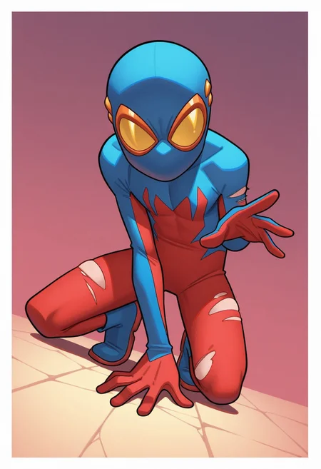 1boy, male focus, cute boy, BaileyBriggs, Mask, Spiderboy Costume, Two-tone Bodysuit, Red Bodysuit, Blue Bodysuit, simple background, graphic border, cinematic, intricately detailed illustration, depth of field, masterpiece, best quality, amazing quality, very aesthetic, absurdres, newest, very awa, shadow, dynamic angle, casual cosplay, dynamic pose,  action pose, torn bodysuit, scrapped skin,