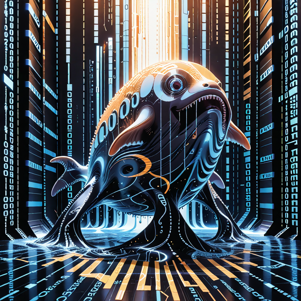 detailed, realistic, 8k uhd, high quality, source anime, illustration, masterpiece, whale is fighting against whale, action pose, street,  codeandigital, ,  digital world, digital, , matrix background, , cinematic light   <lora:Code__Digital_World_Morph_PONY_XL_by_UOC:1.2> <lora:spo_sdxl_10ep_4k-data_lora_webui> <lora:dmd2_sdxl_4step_lora_fp16>