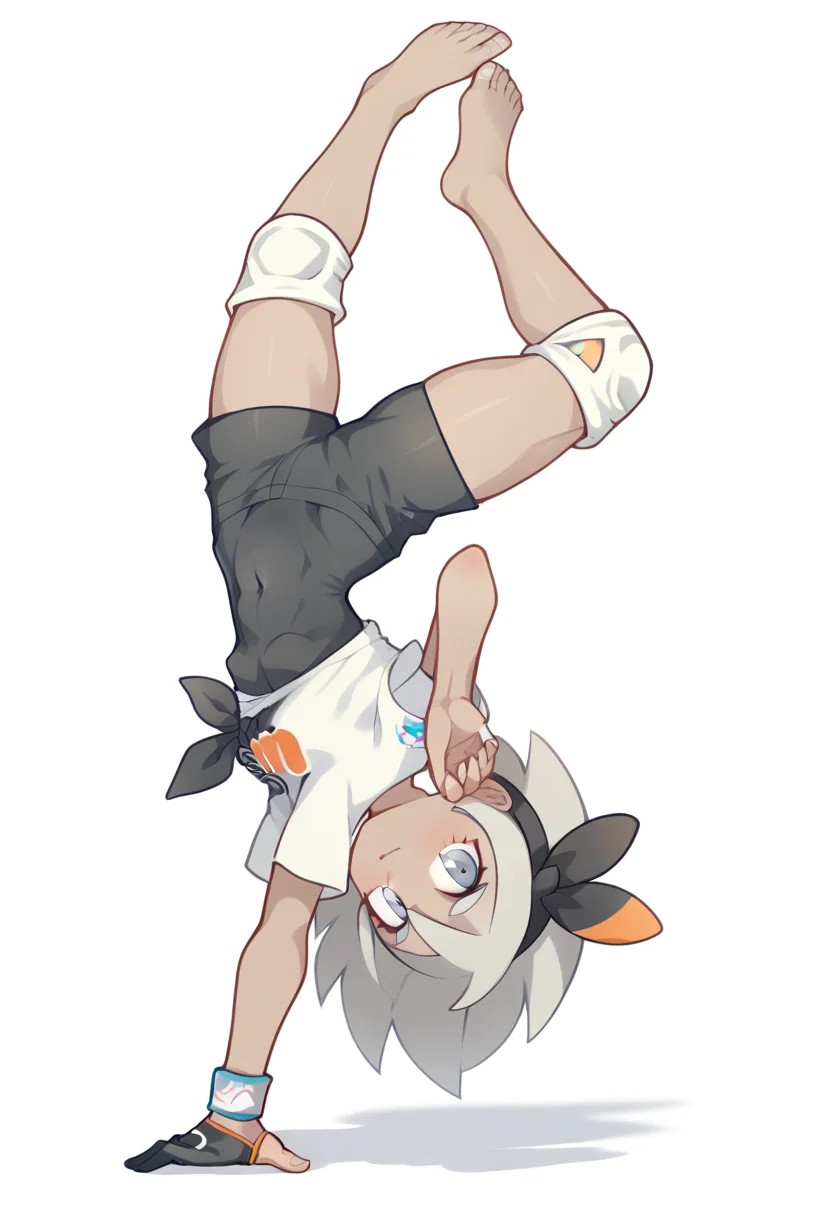 score_9,score_8_up,score_7_up,<lora:handstand_one:1>,bea (pokemon), 1girl, solo, handstand, barefoot, shorts, dark-skinned female, dark skin, bodysuit, upside-down, shirt, short sleeves, hairband, bodysuit under clothes, full body, knee pads, single glove, black bodysuit, covered navel, gloves, black hairband, grey hair, white background, short hair, bow hairband, tied shirt, grey eyes, print shirt, looking at viewer, simple background, collared shirt, white shirt, wristband, closed mouth, print shorts, one_arm_handstand