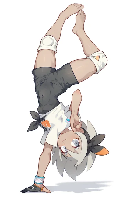 score_9,score_8_up,score_7_up,<lora:handstand_one:1>,bea (pokemon), 1girl, solo, handstand, barefoot, shorts, dark-skinned female, dark skin, bodysuit, upside-down, shirt, short sleeves, hairband, bodysuit under clothes, full body, knee pads, single glove, black bodysuit, covered navel, gloves, black hairband, grey hair, white background, short hair, bow hairband, tied shirt, grey eyes, print shirt, looking at viewer, simple background, collared shirt, white shirt, wristband, closed mouth, print shorts, one_arm_handstand