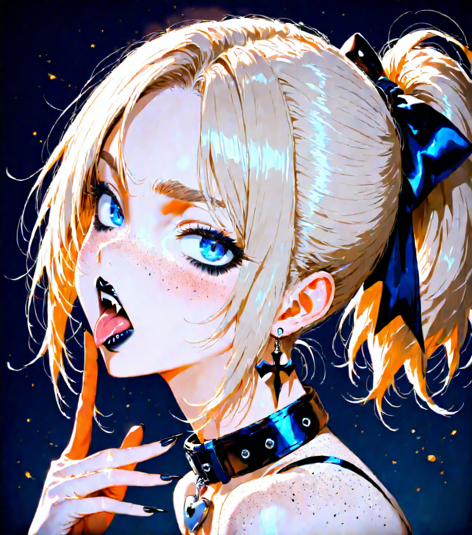 1girl, explicit, crosica_nemo, freckles, blue eyes, blonde hair, ponytail, black ribbons on hair
BREAK goth makeup, ((black lipstick)), black mascara, black nail polish, long nails
BREAK black dog collar with padlock
BREAK mouth open, tongue out, fangs
BREAK cross earrings
BREAK gothic dress
BREAK standing, sexy, sexy lips, head tilting, looking sideway, seductive look
BREAK black fishnet stockings, garter
BREAK black goth boots
BREAK ((foot focus)), close up, closeup, dark, gothic manor, living room, gothic castle, ((detailed background)), perfect body, perfect, romantic lighting, (((detailed))), ((soft shading)), masterpiece, high score, great score, absurdres