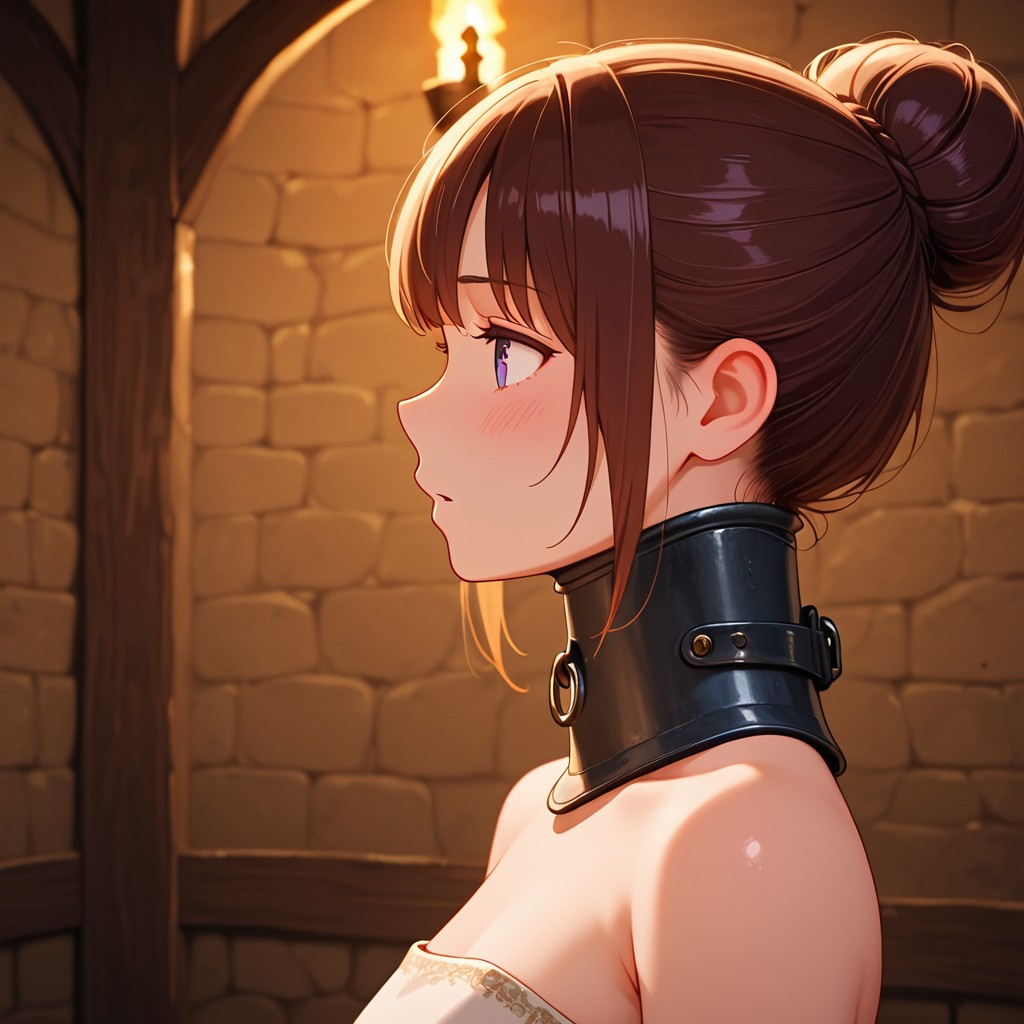 masterpiece, best quality, amazing quality, 1girl, 26 yo brunette girl with bun, submissive, posture collar, bare shoulders, seen from side, medieval dungeon <lora:Posture Collar_epoch_12:1>