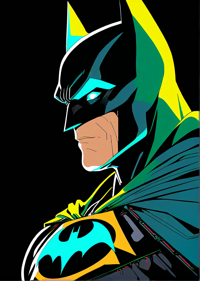 masterpiece, best quality, batman, solo, futuristic, intricate, over the shoulder, looking at viewer, black background, simple background, glow in the dark, sci-fi, multicolored hair, aqua eyes, warrior