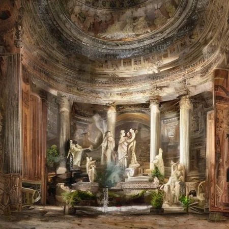 (masterpiece:1.2), (best quality,:1.2), 8k, HDR, ultra detailed, ((photorealistic)), professional light, cinematic lighting, fashion photography, ambient lighting, face lighting, <lora:detail_slider_v4:1>, Fantasy picture, OverallDetail, large ancient roman with a fountain and one statue in the center, RomInt, <lora:RomanInterior-10:1>, epiCPhoto