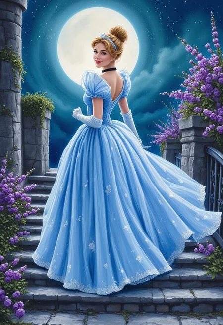 dreamy, chalk paint, water color, alcohol ink blend, pastel drawing, detailed brushstroke, impasto, soft painting of Cinderella in her blue ballgown, going down stone steps, the colors includes lilacs, blues, teals, gold and peach tones with a hint of white, the setting is magical and enchanting moonlight, ultra detailed