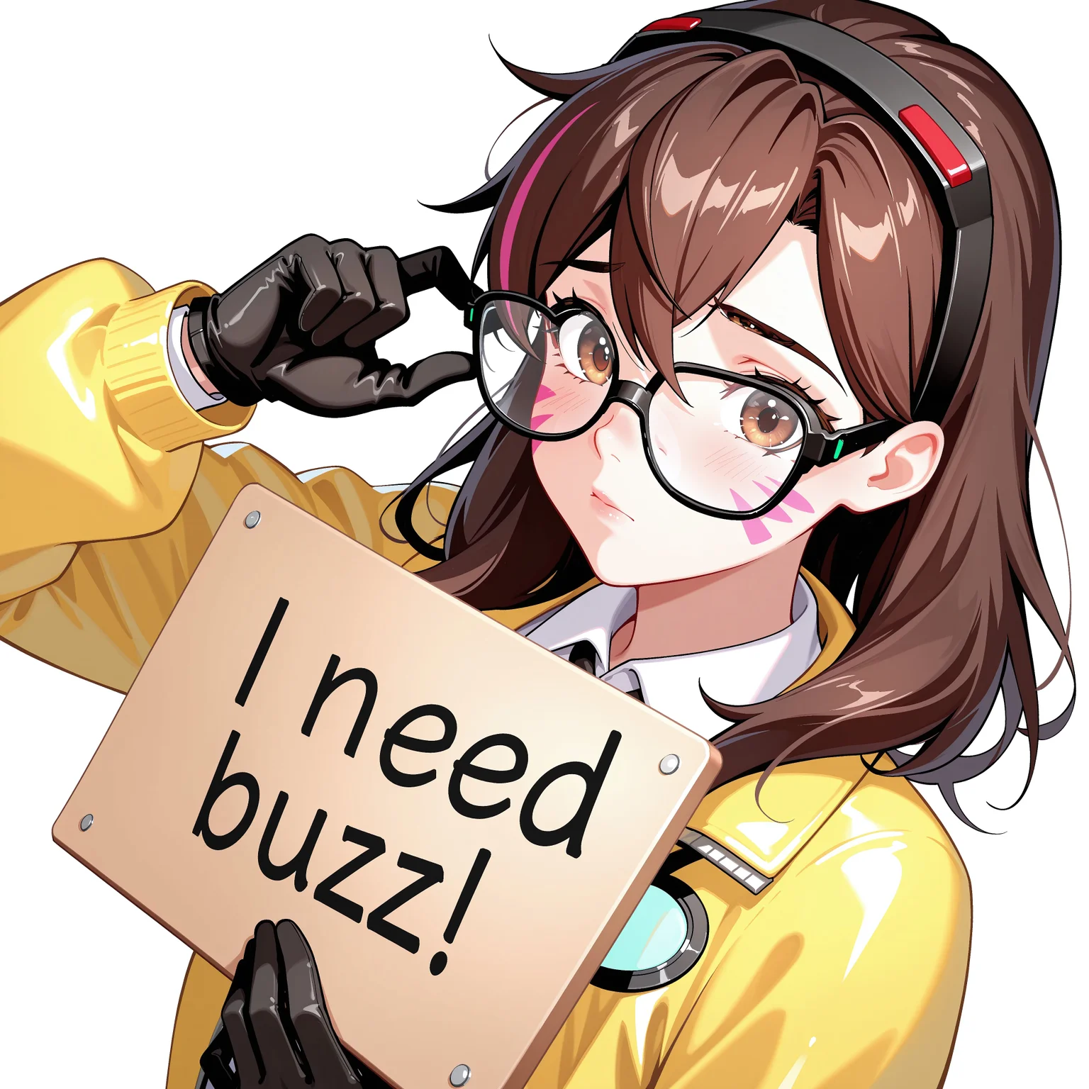 score_9, score_8_up, score_7_up, score_6_up, anime, beautiful, stunning, masterpiece, best quality, amazing quality,
need_buzz, holding sign, need_buzz
d.va (overwatch), long hair, brown hair, brown eyes, whisker markings
1girl, solo, gloves, black gloves, looking at viewer, shirt, white shirt, jacket, collared shirt, yellow jacket, upper body, white background, long sleeves, goggles, hair between eyes, brown eyes, multicolored hair, simple background, adjusting eyewear, glasses, short hair, streaked hair