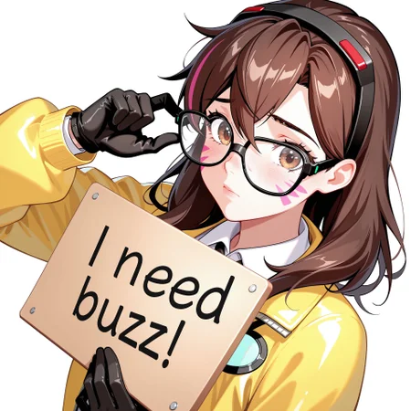 score_9, score_8_up, score_7_up, score_6_up, anime, beautiful, stunning, masterpiece, best quality, amazing quality,

need_buzz, holding sign, need_buzz

d.va (overwatch), long hair, brown hair, brown eyes, whisker markings

1girl, solo, gloves, black gloves, looking at viewer, shirt, white shirt, jacket, collared shirt, yellow jacket, upper body, white background, long sleeves, goggles, hair between eyes, brown eyes, multicolored hair, simple background, adjusting eyewear, glasses, short hair, streaked hair










