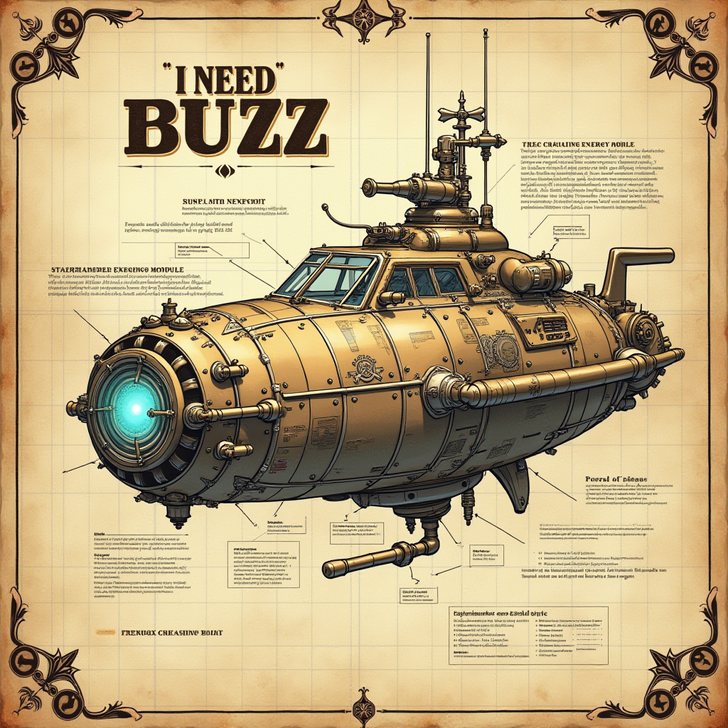 A technical schematic of a steampunk spaceship, drawn in intricate detail on aged parchment paper. The design includes labeled components such as brass gears, steam-powered engines, exposed pistons, pressure gauges, and a central energy core glowing with blue light. The hull is detailed with rivets, mechanical joints, and pipes running throughout the structure. A bold annotation in the center of the schematic clearly reads **"I NEED BUZZ"** in large, blocky, blueprint-style text, surrounded by a decorative brass frame and highlighted with arrows pointing to an experimental energy module. The schematic includes detailed measurements, annotations in elegant vintage handwriting, and decorative compass roses and corner embellishments in steampunk style. The background features a subtle grid overlay, giving it the appearance of a genuine engineering draft.



