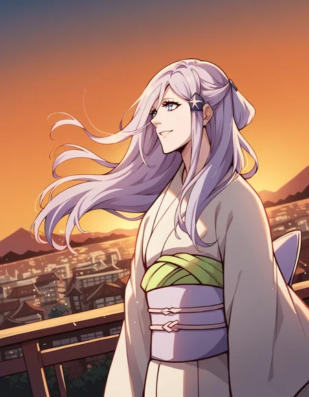 score_9, score_8_up, score_7_up, source_anime, <lora:sode-no-shirayuki-anime-ponyxl-lora-nochekaiser:1>, sode no shirayuki, long hair, blue eyes, hair ornament, purple hair, flower, hair flower, light purple hair,, japanese clothes, kimono, sash, obi,, rooftop, sunset, cityscape, quiet moment, wind blowing, contemplative, smile, , foot crossed over, hand on neck, elbow bent, solo,, cowboy shot, dutch angle