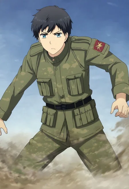 high resolution, solo, best quality, 1Boy, Arata Kaizaki, Black Hair, Blue Eyes, military, action, OverallDetail