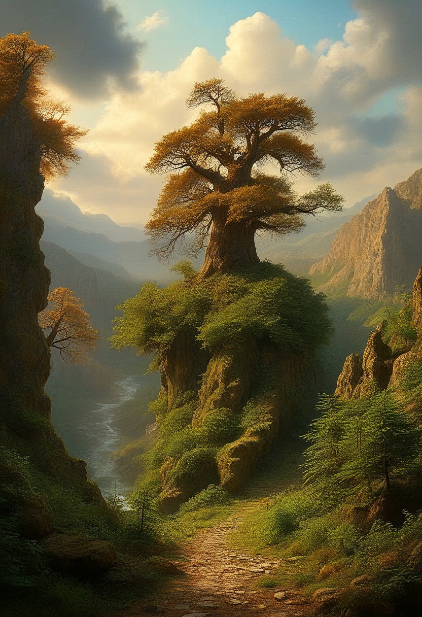 baroque art style , ancient fantasy forest,intricately intertwined trees,
stunningly beautiful clouds
down ,
epic composition, cinematic,
perfection style, perfection, perfect , style of Rembrandt, flux-style
