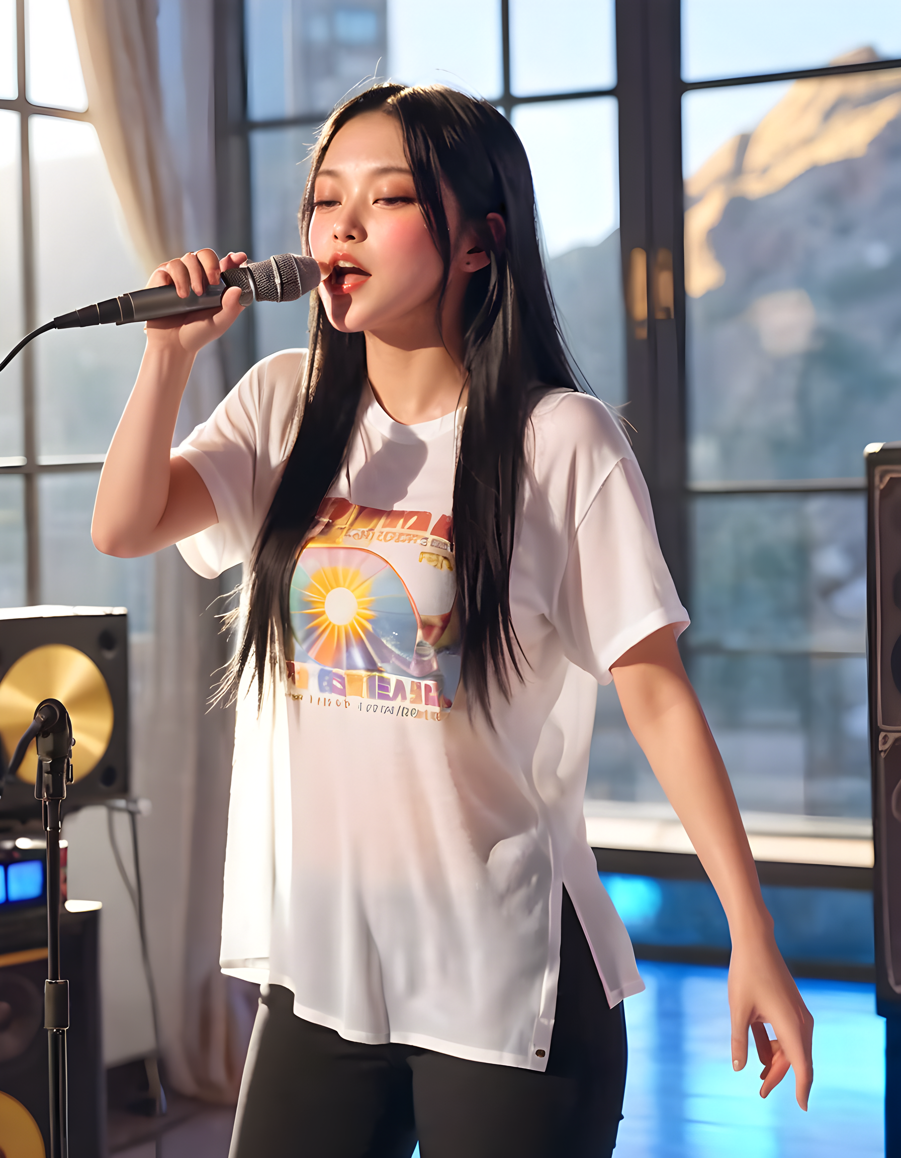 In a vibrant, sun-drenched music studio adorned with colorful instruments and vintage recording equipment, a captivating woman named NJZH43R1N stands in the center, her black hair cascading down her back like a waterfall. She wears a fitted white shirt and stylish black pants, exuding an air of confidence and professionalism. With her eyes closed in deep concentration, she holds a microphone close to her glossy lips, her nose slightly upturned as she delivers a powerful, soulful note, the golden rays of the setting sun streaming through the large windows behind her, casting a warm, ethereal glow on her figure.
