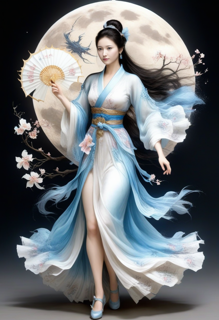 There is a cuties donghua woman holding a fan, on a white background whith  a moon and water, donghua woman, gfjiansi, woman warrior, her rich silk dress is painted with flowers and chinese dragons, bare legs, footwear, by Kanō Tan’yū, highly detailed and colored, in the art style of nanhua style, on parchment. [light : dark :0.7], wide, (high volume shot), (HDR:1.2), microdetailes, 
over-detailed, Ultra-HD-photo-same-realistic-quality-details, ideal detailxl, <lora:ral-dissolve-sdxl:0.45>, ral-dissolve clouds, <lora:spotlight:1>, <lora:ParchartXL_CODA:1>, <lora:gfjiansi:1>, <lora:MILKY_LULLABY_-_ミルキーララバイDOAXVV:1>