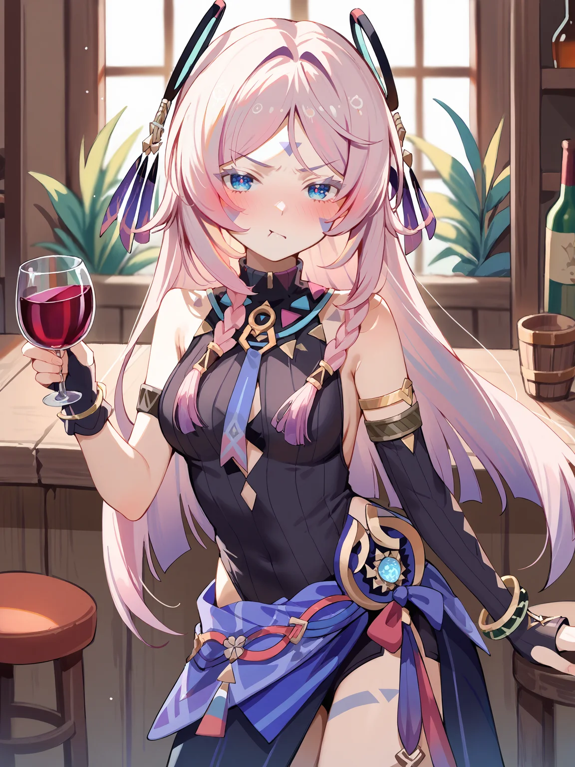 1girl, citlali \(genshin impact\), fingerless gloves, armlet, sarong, facial mark, bracelet, ring hair ornament, turtleneck leotard, leg tatoo, single gauntle, cowboy shot, standing, jitome, pout, drunk, looking at viewer, index finger raised, bar \(place\), wine glass, indoors, depth of field <lora:Char-Genshin-Citlali-V1-Pony:0.9>, score_9, score_8_up, score_7_up, source_anime