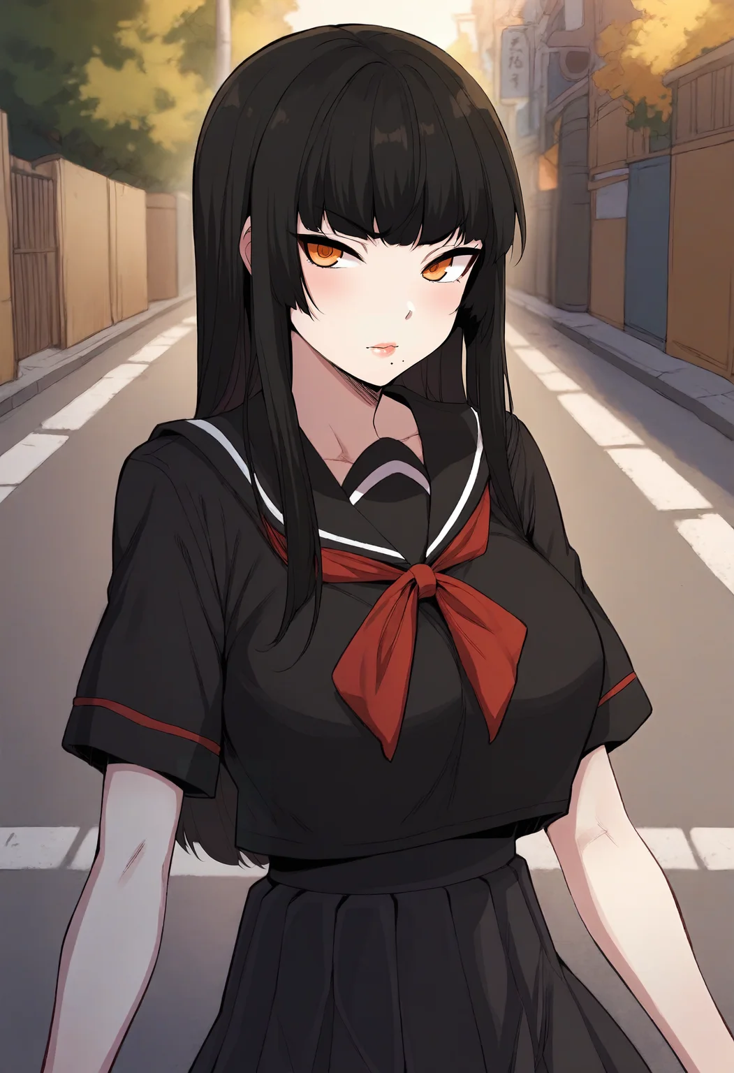 score_9, score_8_up, score_7_up, score_6_up, source_anime, rating_explicit, 1girl, solo, huge breasts, <lora:President Hong prefectPonyxl:0.9> black hair, long hair, hime cut, blunt bangs, orange eyes, mole under mouth, school uniform, black serafuku, short sleeves, black shirt, black sailor collar, red neckerchief, black skirt, pleated skirt, japan, street, outdoors, looking at viewer