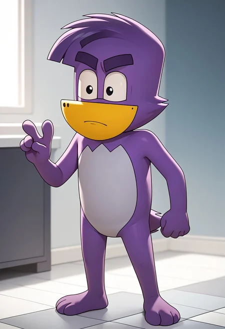 Score_9_up, score_8_up, score_7_up, BREAK, source_cartoon, solo male, 2d, 
Flocky, male anthro creature, purple hair, yellow muzzle, the Bad Mascot. Cartoon series character, male furry, purple fur, barefoot, huge eyebrows, huge eyes, black eyes,