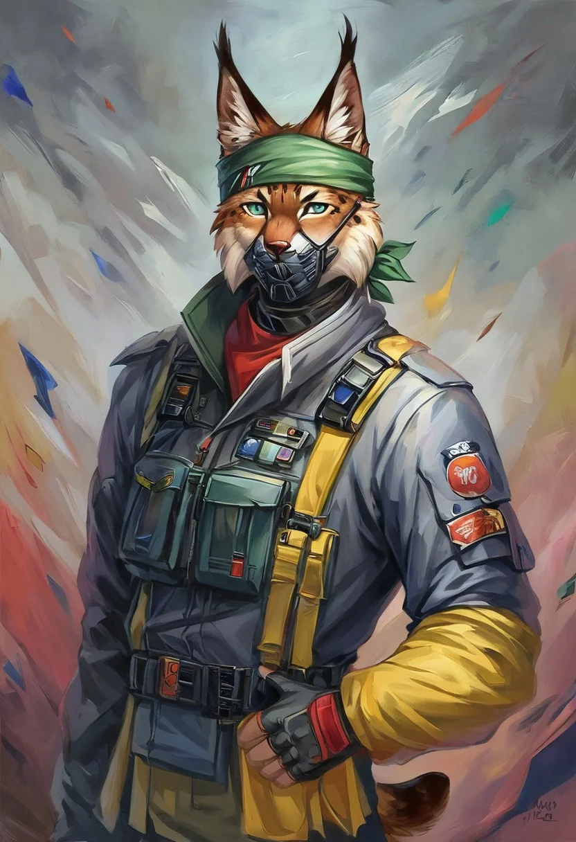 Score 9, Score_8_up, Score_7_up, ng_deepnegative_v1_75t, negative_hand, charturnerv2, knee-deep portrait of adult male, banners, starship, high technology, shirt, fingerless gloves, soldier uniform,, , anime, Arknight provens, detailed background, cyberpunk, bandana, facemask, furry, lynx species, lynx tail, lynx ears, muscle, bulky