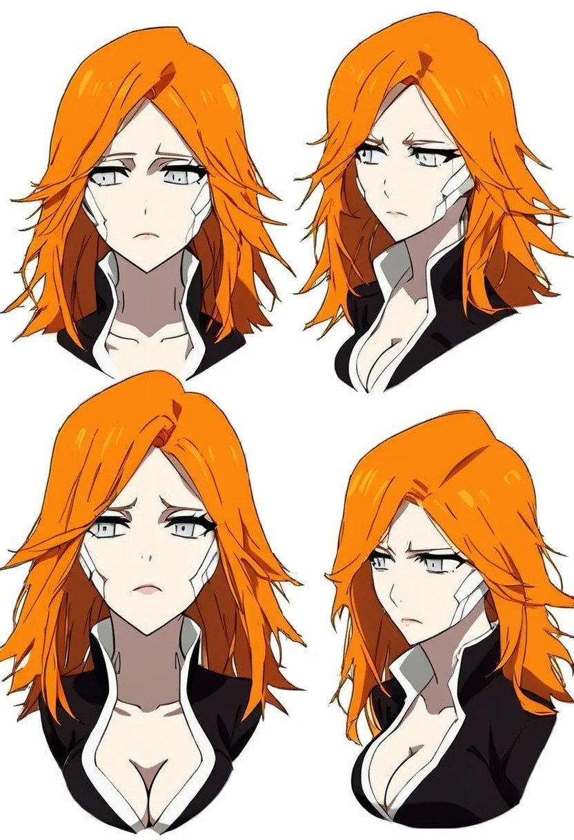 Ichiko, cleavage, masterpiece, genderbender, orange hair, solo,Expressiveh, hollow,conceptart,multiple views,white background,simple background