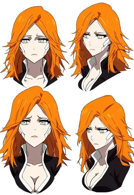 Ichiko, cleavage, masterpiece, genderbender, orange hair, solo,Expressiveh, hollow,conceptart,multiple views,white background,simple background