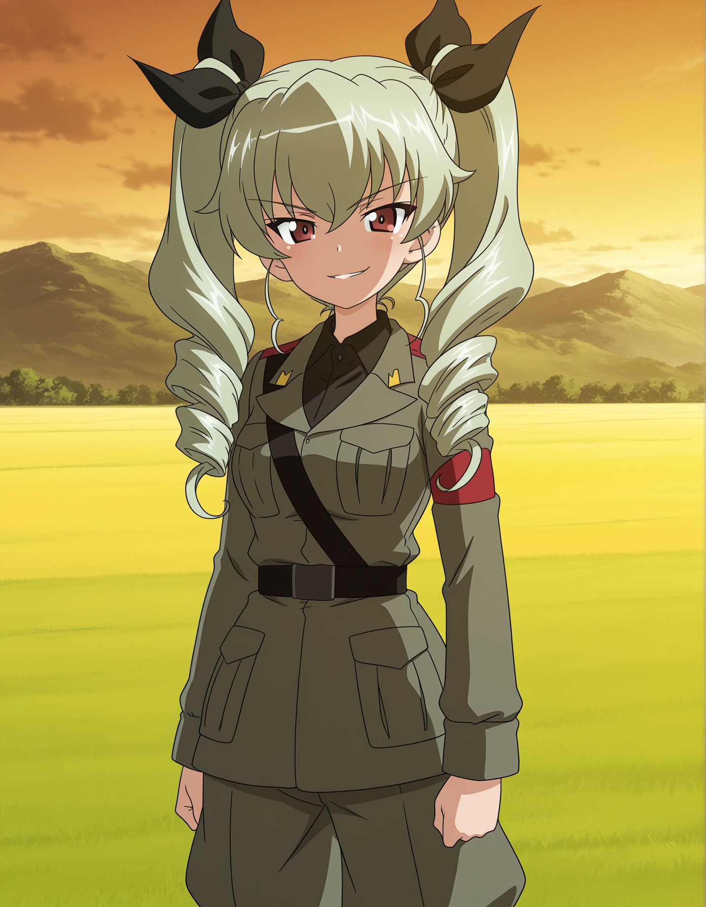 masterpiece, best quality, absurdres, highres,    <lora:anchovy illu:0.9> anchovyillu, anzio military uniform, black belt, black shirt, wing collar, grey pants, grey jacket, dress shirt, standing,  field, solo, evening, evil smile, anime screenshot, girls und panzer,