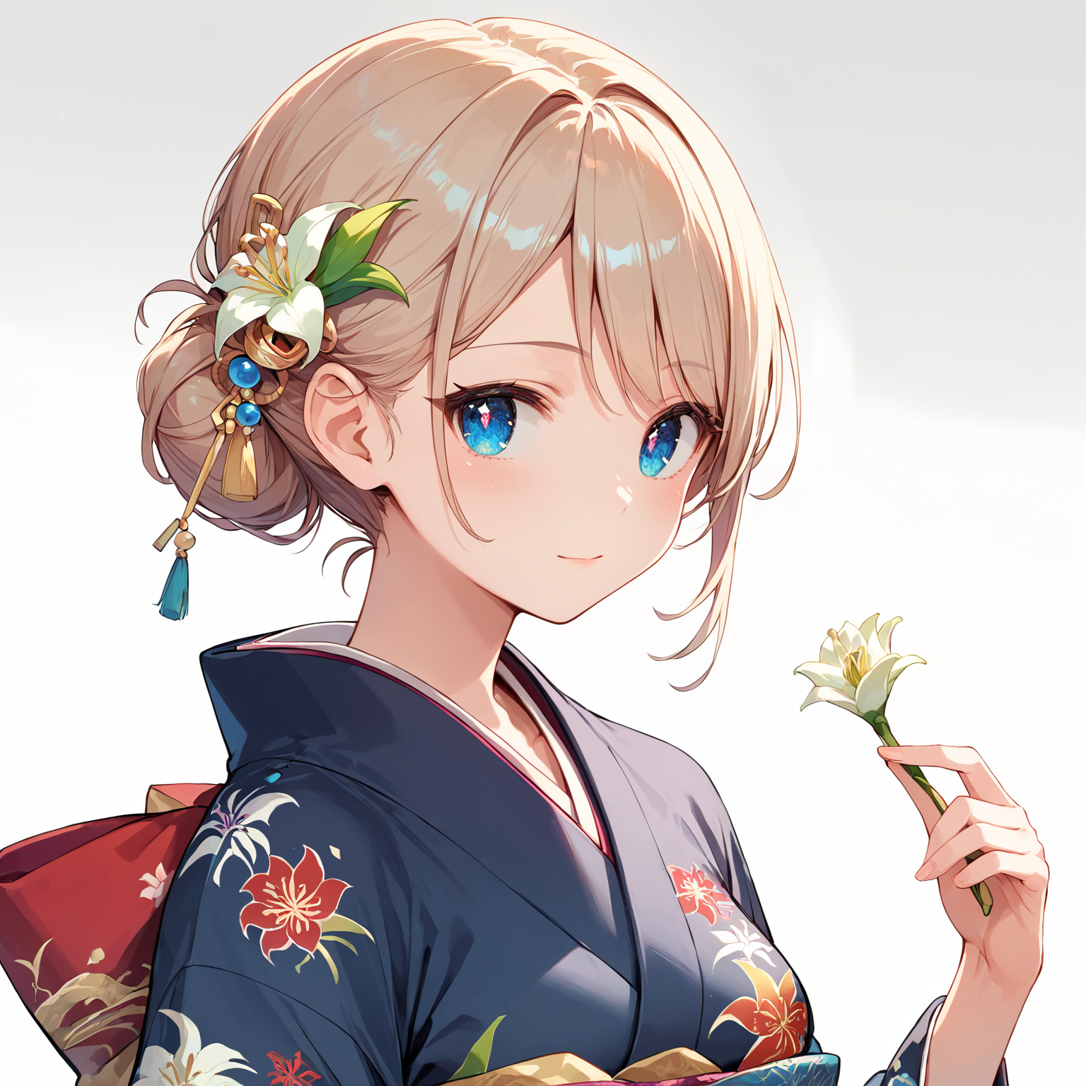score_9, score_8_up, score_7_up,source_anime, high res image,masterpiece,best quality,girl,cute face,clear skin,shiny hair,ultra detailed eyes,simple background,  <lora:kanzashi_pony_V1.0:0.3> kanzashi, hair ornament, hair bun,kimono,lily