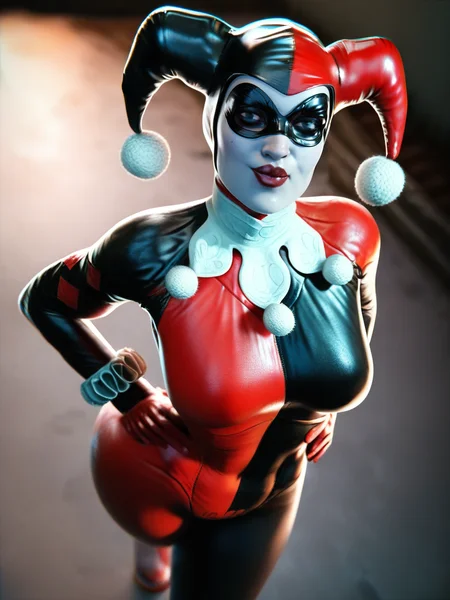 score_9, score_8_up, score_7_up, 1girl, v, one hand on hips, city, diry dark room, , detailed background, detailed background, smile, looking at viewer, smile, cowboy shot, (dynamic pose:1.1), dynamic angle, sexually suggestive, from above, 
 <lora:harleyQuinnSmitty_character:1>, HarleySmitty, makeup, domino mask, bodysuit, colored skin, lipstick, pom pom (clothes), facepaint, red gloves, realistic,