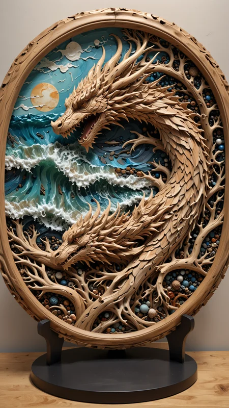 round plate on a display stand, hand Carved, 3D Seascape, abstract art, Carving, EPIC, <lora:3D_Framed_Wall_Art_-_By_DICE:0.4>, (3D Framed, Plate), UHD, <lora:Driftwood_Detailed_Art_-_By_DICE:0.8> , driftwood dragon