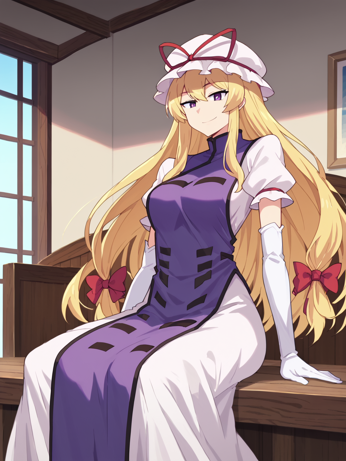 hard shadows, anime screencap, anime_core, score_9, score_8_up, score_7_up, anime screencap, 1girl, <lora:YakumoYukariV4:1> THYukari, mob cap, long blonde hair, hair ribbon, elbow gloves, white dress, purple tabard,  <lora:Fizintine_Art_Style_Pony_DIffusion:1> by fizintine, smile, sitting,