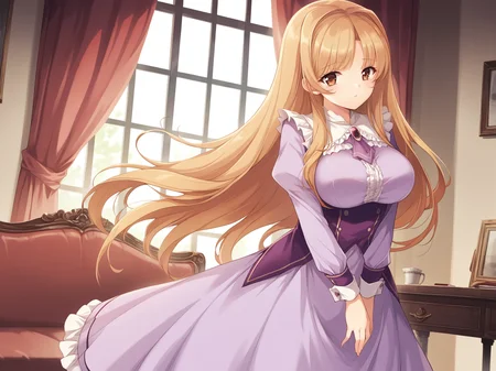 <lora:Alicesoft_-_Oyako_Rankan_-_Kotone_Ririko_Saya_Yukino:1>,alicesoft,kotone,1girl,solo,large breasts,long hair,dress,blonde hair,very long hair,long sleeves,frills,hazel eyes,brooch,purple dress,white sleeves,purple shirt,white cuffs,wrist cuffs,white neck ruff,purple necktie,indoors,living room,couch,desk,window,curtains,standing,, score_9, score_8_up, score_7_up,source_anime,(masterpiece),(best quality),(ultra-detailed),(best illustration),(best shadow),(absurdres),(detailed background),(very aesthetic),source_anime