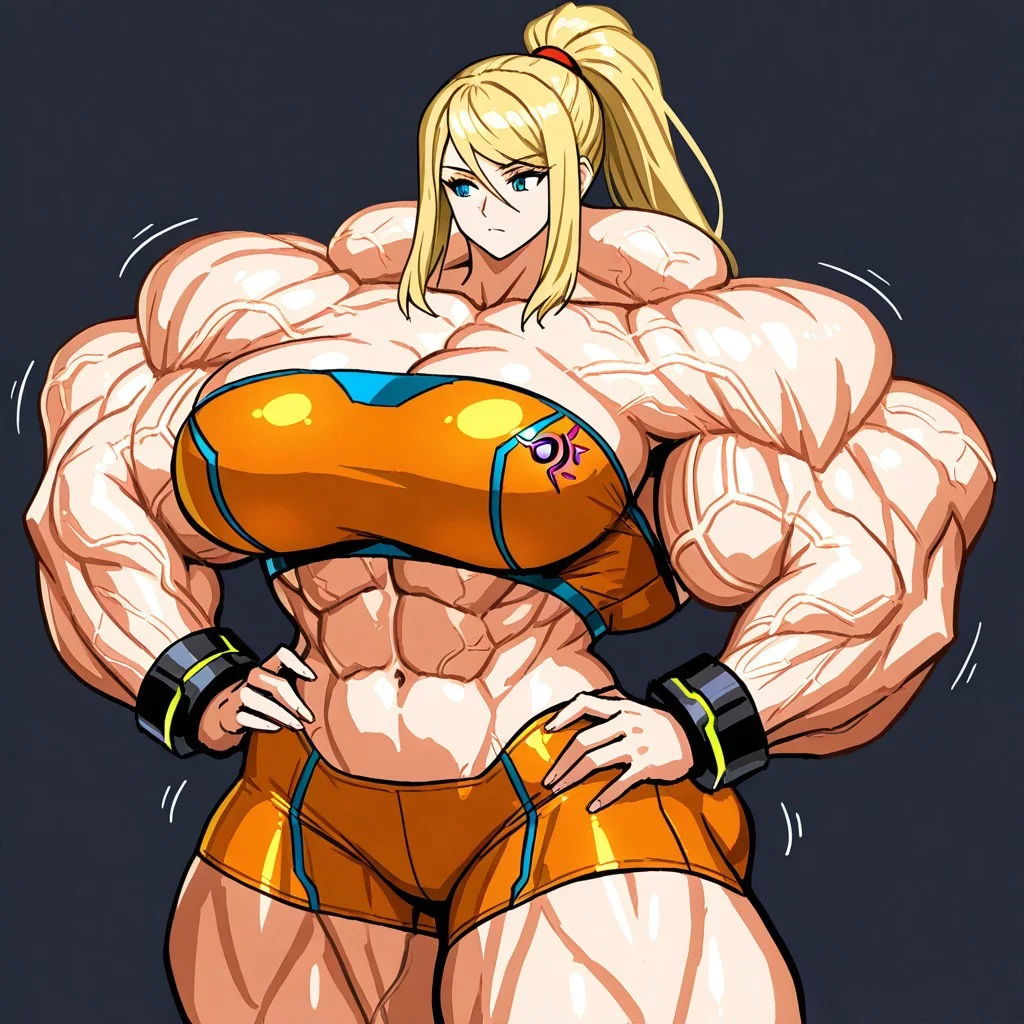 (masterpiece, painting, best quality, score_9, score_8_up, score_8:1.2), 
solo, 1girl, mature_female, milf, mature,
small_head, broad_shoulders, muscular female, large muscles, large breasts, narrow waist, thick thighs, venus_body, tall, huge body, veins, toned butt,
abs,
samus \(metroid\), orange bandeau, navel, orange shorts, ponytail, black wrist weights,
cowboy shot, simple background, hand on hip, contrapose,