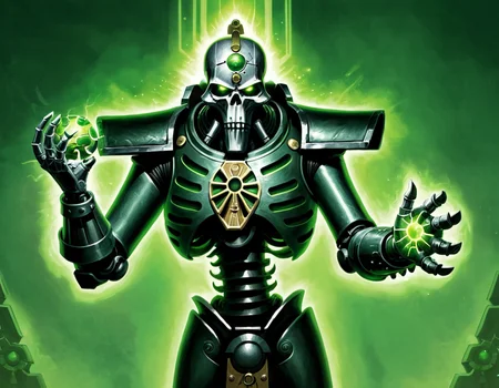 An illustration of a Necron Lord from the Warhammer 40k universe. The image is a front view of the character, who is standing with his arms outstretched. He is wearing a large suit of armor with a glowing green eye in the center of his chest. He has a metallic skull-like head with two glowing green eyes and a large mouth. The background is dark with two green glowing orbs on either side of the character. By Alex McGreal.
<lora:Necron-000008:1>