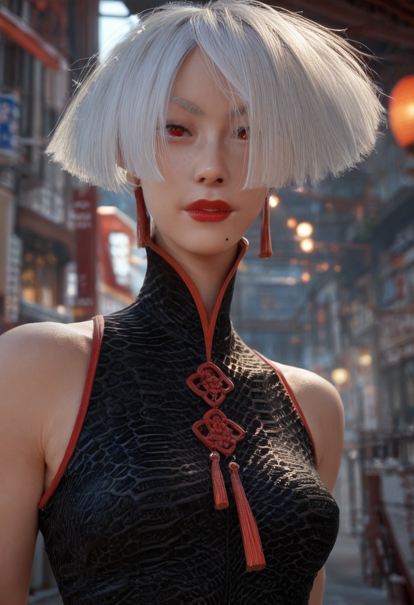 zPDXL2, very sharp,  detailed face, face focus,  1woman, akixl, AKI, skinny, Chinese clothes, white hair, red eyes, red lips, mole under mouth, short hair, fingernails,<lora:Dynamic Poses:1>50% studio lighting, 50% soft lighting Chinese village,