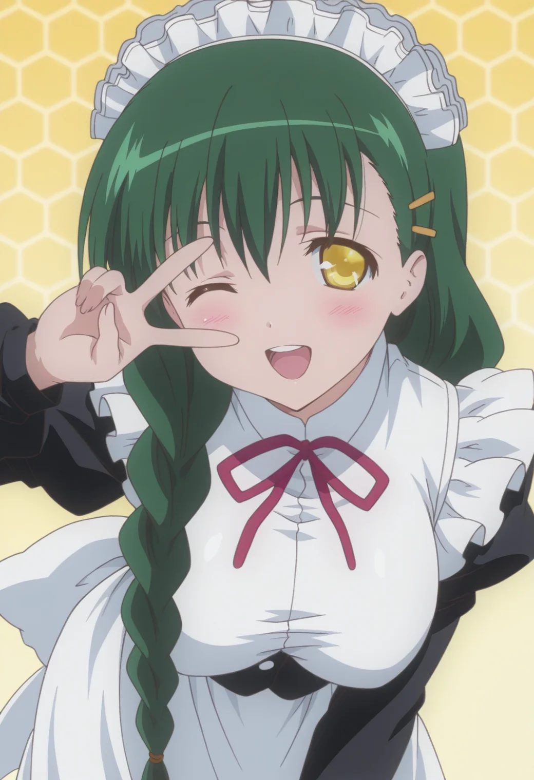 anime screencap, anime coloring, <lora:DX888Sanae:1> shikikagami sanae, yellow eyes, green hair, very long hair, single braid, hair over shoulder BREAK simple background, yellow  background, (honeycomb background:1.2),  BREAK   maid, maid headdress, hairclip, long dress, apron, BREAK    1girl, blush, leaning forward, solo,  v, open mouth, happy,  v over the eye, (upper body:1.2), one eye closed, teeth,