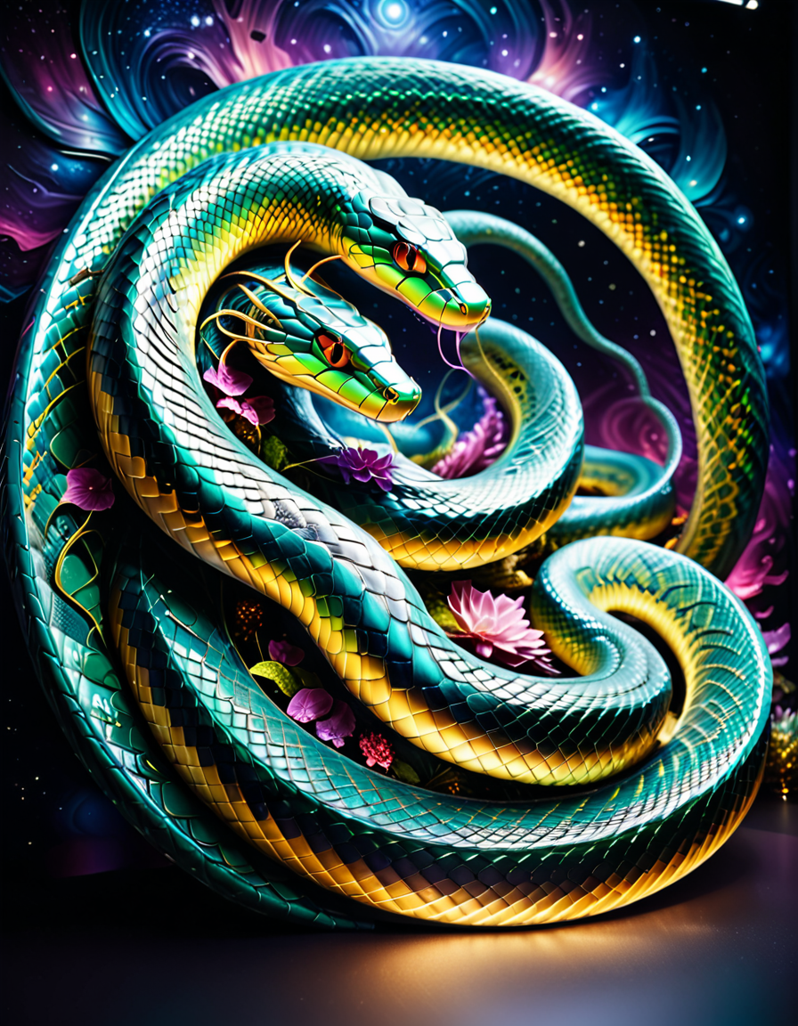 "A cosmic serpent mural with constantly morphing scales, each scale depicting intricate scenes from human history and alternative timelines, bioluminescent effects glowing softly in response to viewer interaction, surreal cosmic color palette of blues, purples, and golds, hyper-detailed textures of scales and cosmic void, deeply philosophical and interactive art installation, mystical and profound emotional undertones." <lora:SDXLFaeTastic2400:0.4> <lora:extremely_detailed:0.4> extremely detailed, <lora:sn4ke:1>,sn4ke, Masterpiece,best quality,hi res,8k,hi res,8k,award winning,(sharp focus, intricate, highly detailed),