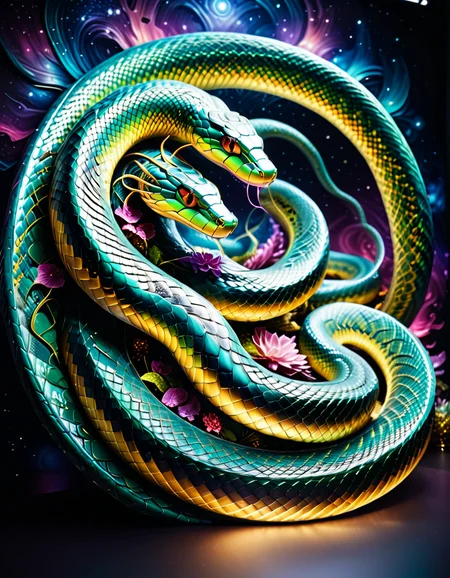 "A cosmic serpent mural with constantly morphing scales, each scale depicting intricate scenes from human history and alternative timelines, bioluminescent effects glowing softly in response to viewer interaction, surreal cosmic color palette of blues, purples, and golds, hyper-detailed textures of scales and cosmic void, deeply philosophical and interactive art installation, mystical and profound emotional undertones." <lora:SDXLFaeTastic2400:0.4> <lora:extremely_detailed:0.4> extremely detailed, <lora:sn4ke:1>,sn4ke, Masterpiece,best quality,hi res,8k,hi res,8k,award winning,(sharp focus, intricate, highly detailed),