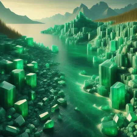 emeraldmorph, Liquid Marble Lake, Golden accents, aurora borealis?! a sea of cut emerald,