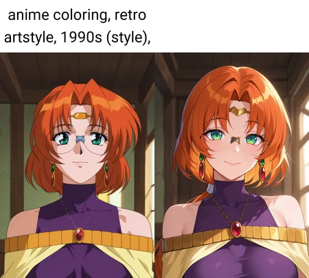 masterpiece, best quality, amazing quality, absurdres, anime coloring, retro artstyle, 1990s (style), 1girl, solo, (portrait:1.2), ailaww, mature female, green eyes, orange hair, long hair, low ponytail, glasses, rimless eyewear, medium breasts, circlet, yellow capelet, purple turtleneck shirt, sleeveless, covered collarbone, bare shoulders, looking at viewer, smile, indoors, day, skindentation, detailed clothing folds, depth of field, sharp, high contrast, dynamic light <lora:Aila_Mahou_Senshi_Louie_ill:0.9>