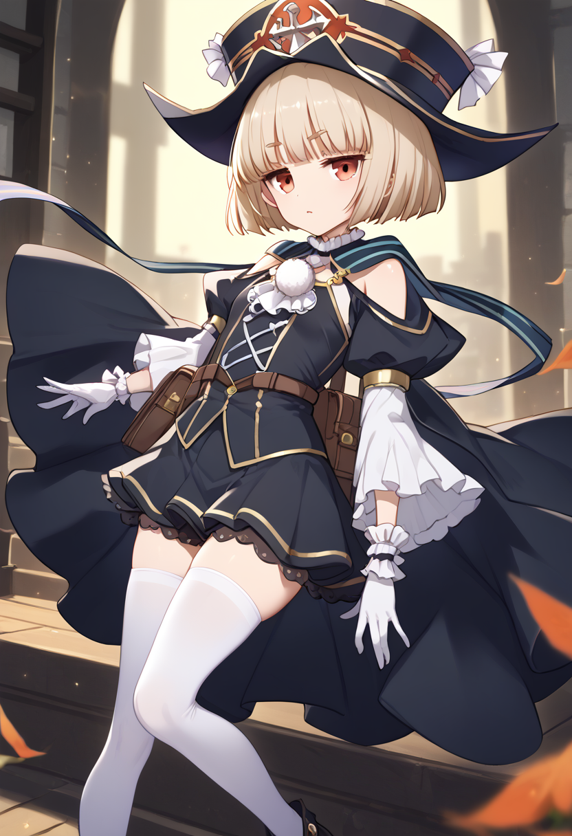 score_9, score_8_up, score_7_up, score_6_up, score_5_up, score_4_up, rating_safe, 1girl,solo, coelho_muramasa, black cape, white gloves, hat, black headwear, black footwear, white thighhighs, detached sleeves, , best quality, amazing quality, very aesthetic, absurdres, <lora:coelho_muramasa:1>