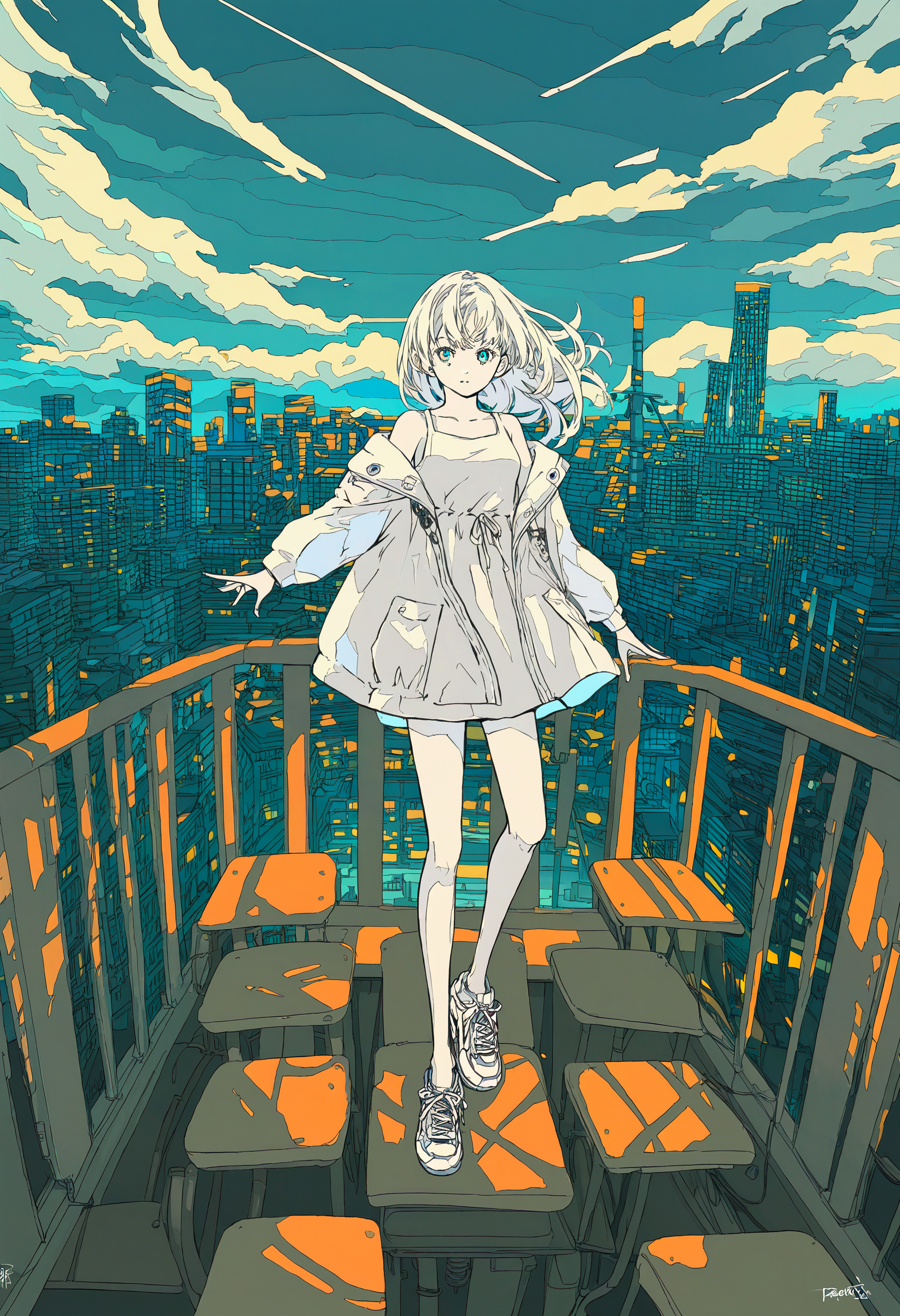 score_9,score_8_up,source_anime,<lora:Seraphitalg_XL:1>,1girl,solo,front view,looking at viewer,shoes,full body,sundress,long sleeves,open jacket,jacket,white footwear,limited palette,flat color,building,cityscape,night,long hair,wind,wind lift,white hair,sneakers,cloud,wide shot,sky,bare shoulders,bare legs,barefoot,