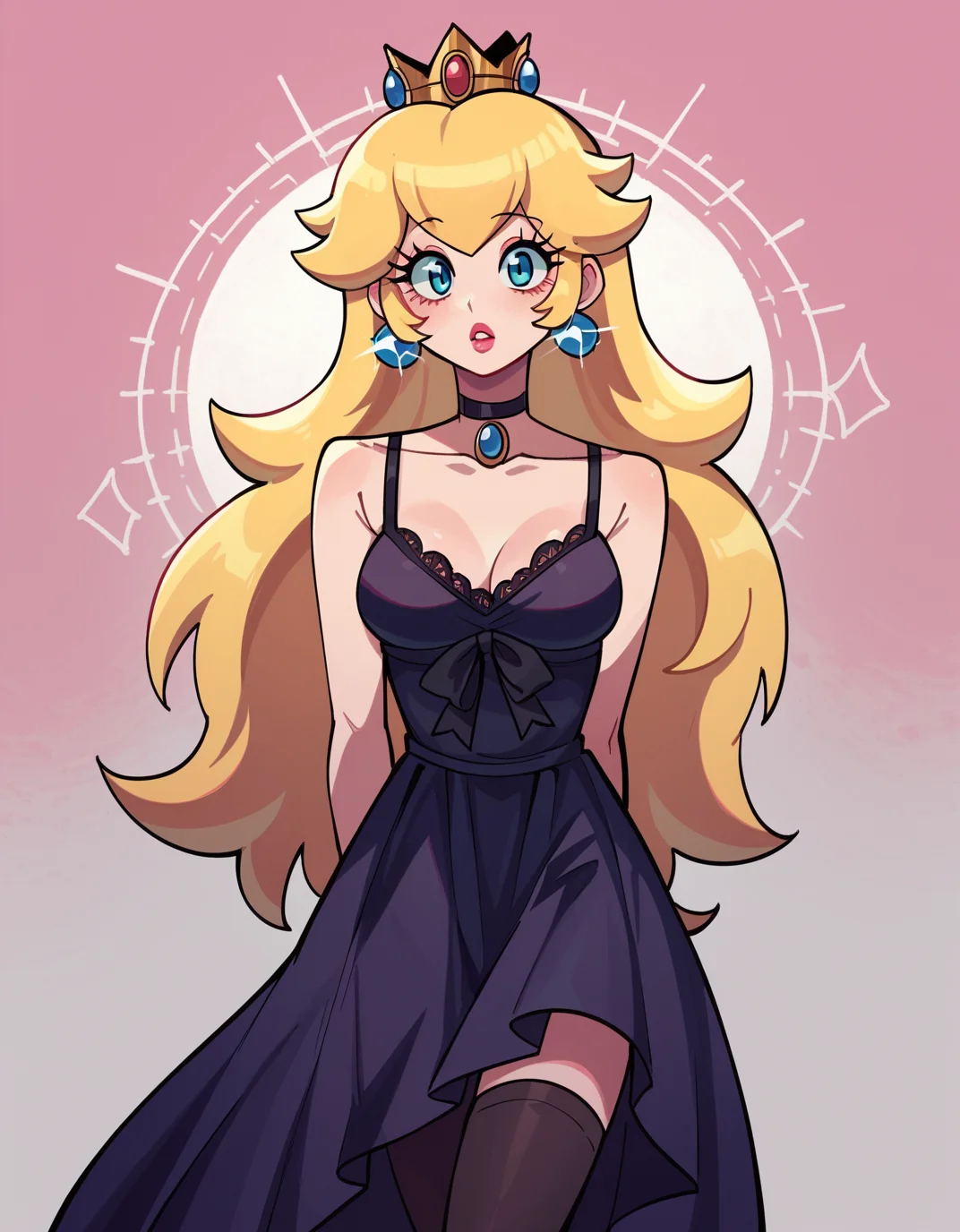 zPDXL, score_9, score_8_up, score_7_up, source_anime, 1girl, solo, absurdres, 4k, <lora:anapijama:0.8> anapijama, Princess Peach, blonde hair, long hair, :\3, arm behind back, wearing pastel lavender sheer mesh nightgown , velvet slip, Black satin stockings with bows, diamond earrings, bold lashes