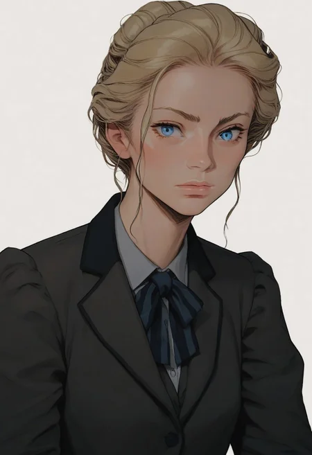 score_9, score_8_up, score_7_up, source_anime, solo, 1girl,
annie_bowyer, light skin, blue eyes, gibson girl updo hairstyle, blonde hair, loose strands,
dark high collared jacket, striped dark long skirt,
simple background, white background, upper body,