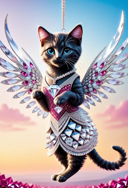Black and magenta color scheme, the cutest kitten possible made of countless diamonds, marionette , sleek wedding dress made from countless diamonds, glasses, long diamond coated hair, beautiful angel wings made from countless diamonds,  tempting the viewer,, hanging from flickering  strings
BREAK
diamondMW