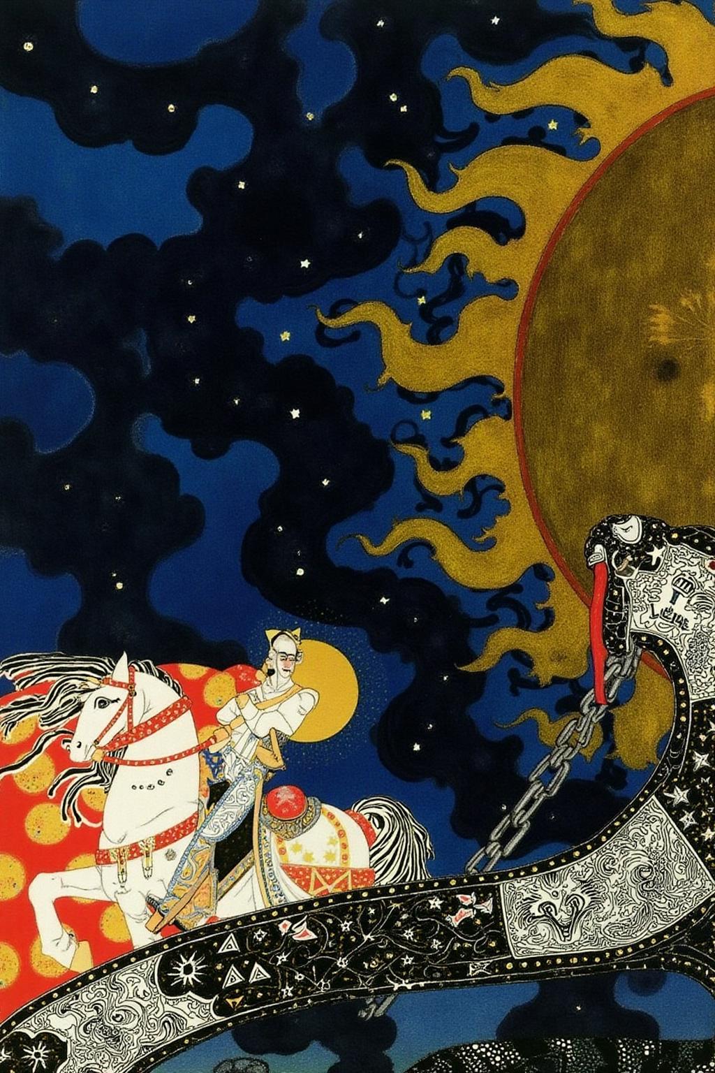 kaynielsen1 illustration.
A man and a woman in an elaborate outfit ride a white horse with red and gold patterns against a deep blue starry sky with swirling clouds and a large, golden sun on the right. On the right, there is a giant black serpent with intricate markings on its body, a red tongue, and a chain attached to its head. <lora:kaynielsen1_d8a4e12:1.0><lora:865920132541602291:0>