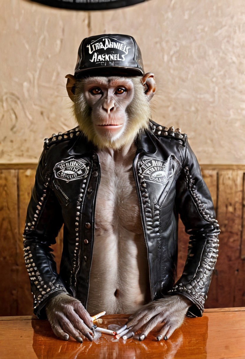 "Vervet monkey", "ultra realistic with high quality and ultra detail with excellent focus of Vervet monkey, presented as a rocker, rocker leather jacket and rocker leather hat on head, sitting at a bar in a smoky setting, rocker pub , (smoking cigarette in ashtray ), a bottle of Jack Daniels whiskey, a half-full glass of whiskey and ice cubes