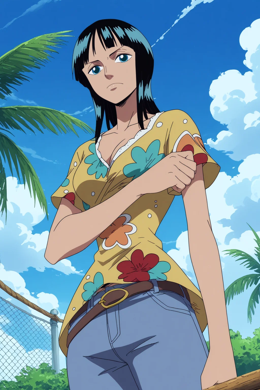 nico robin,1girl,solo,mature,long hair,bangs,blunt bangs,short hair,breasts,cleavage, medium_breasts, midriff, collarbone,shirt,jeans,denim, crossed arms,from below, BREAK outdoors,pirate_ship,blue sky,sea,palm tree <lora:Nico_robin_before_Eclipse_-_Nico_Robin.safetensors:0.9> <lora:detailed_backgrounds_v2.safetensors:0.6>,